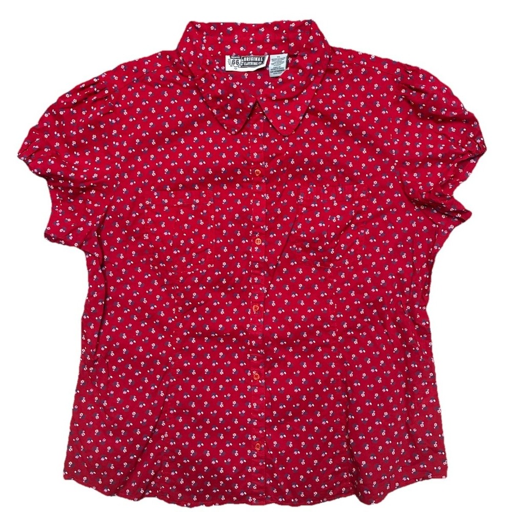Vintage Route 66 Shirt Women's XL Red Dainty Floral Blouse Puff Sleeve Prairie